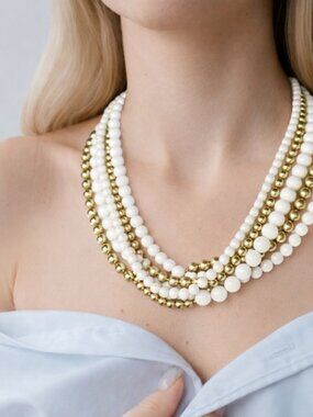 Vintage Multi Strand White & Gold Molded Bead Necklace 70s Statement